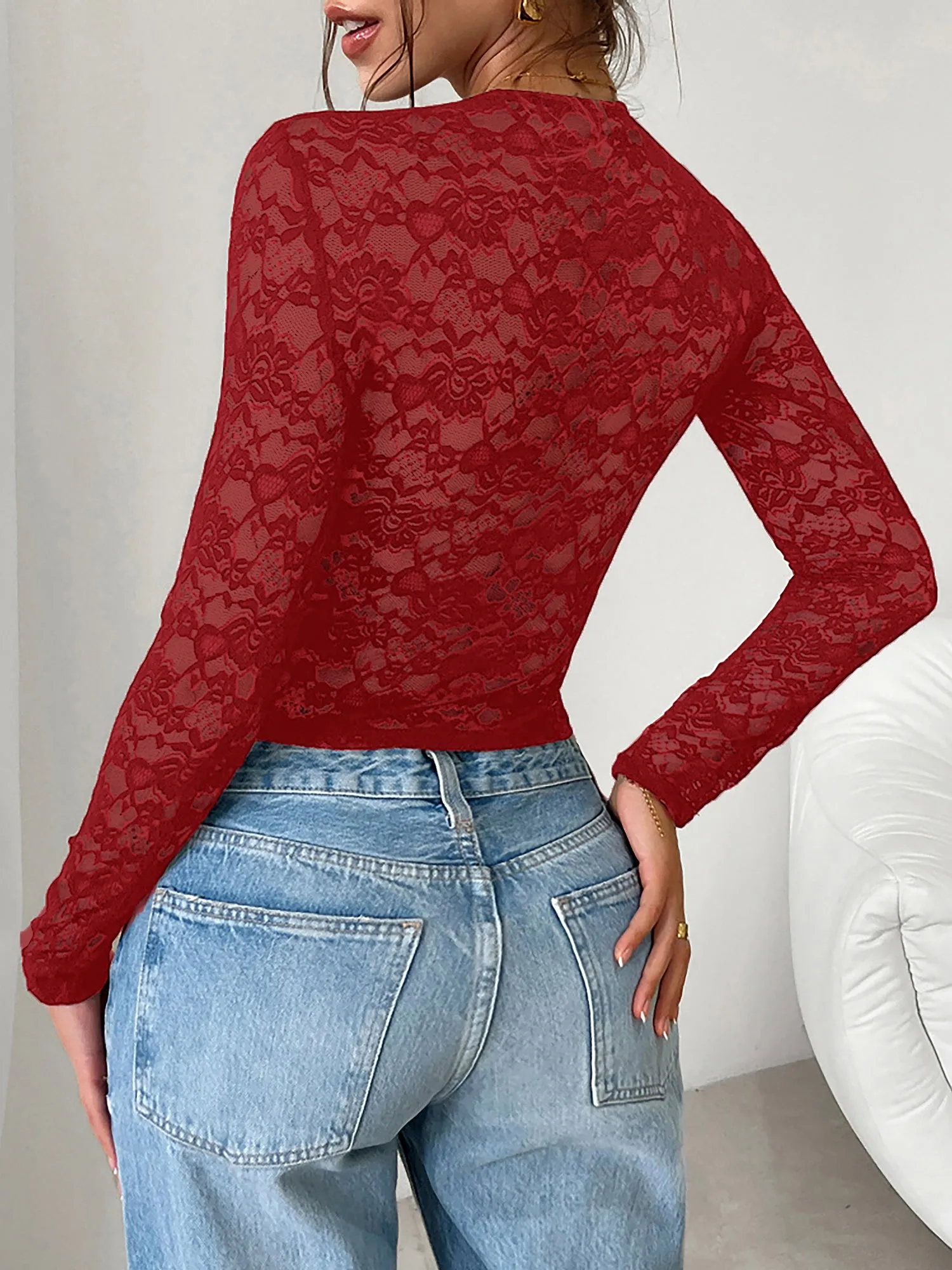 Y2k Style Lace Sheer Long Sleeve Cropped Blouse sold by Allegra K product image thumbnail 3