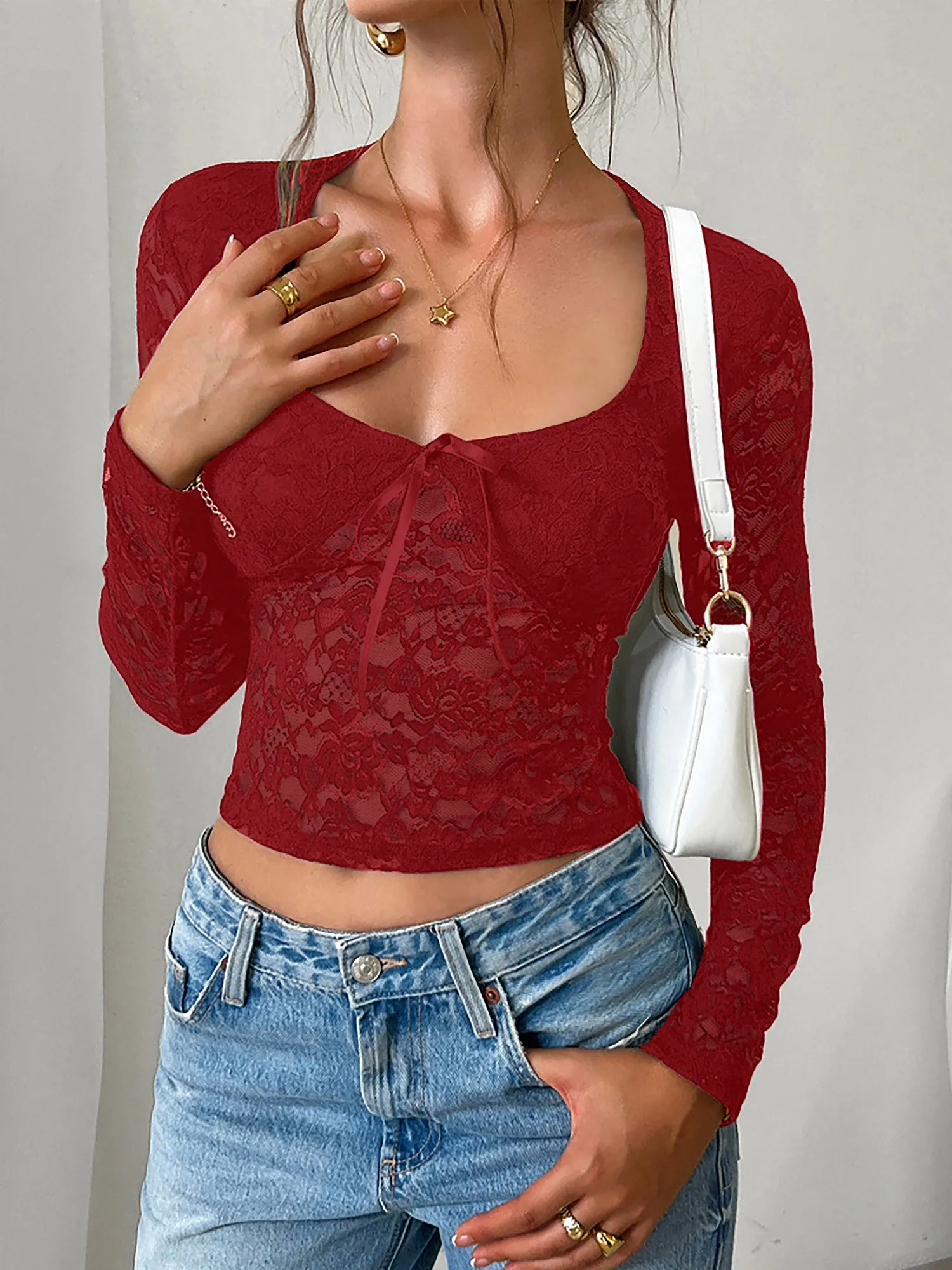 Y2k Style Lace Sheer Long Sleeve Cropped Blouse sold by Allegra K