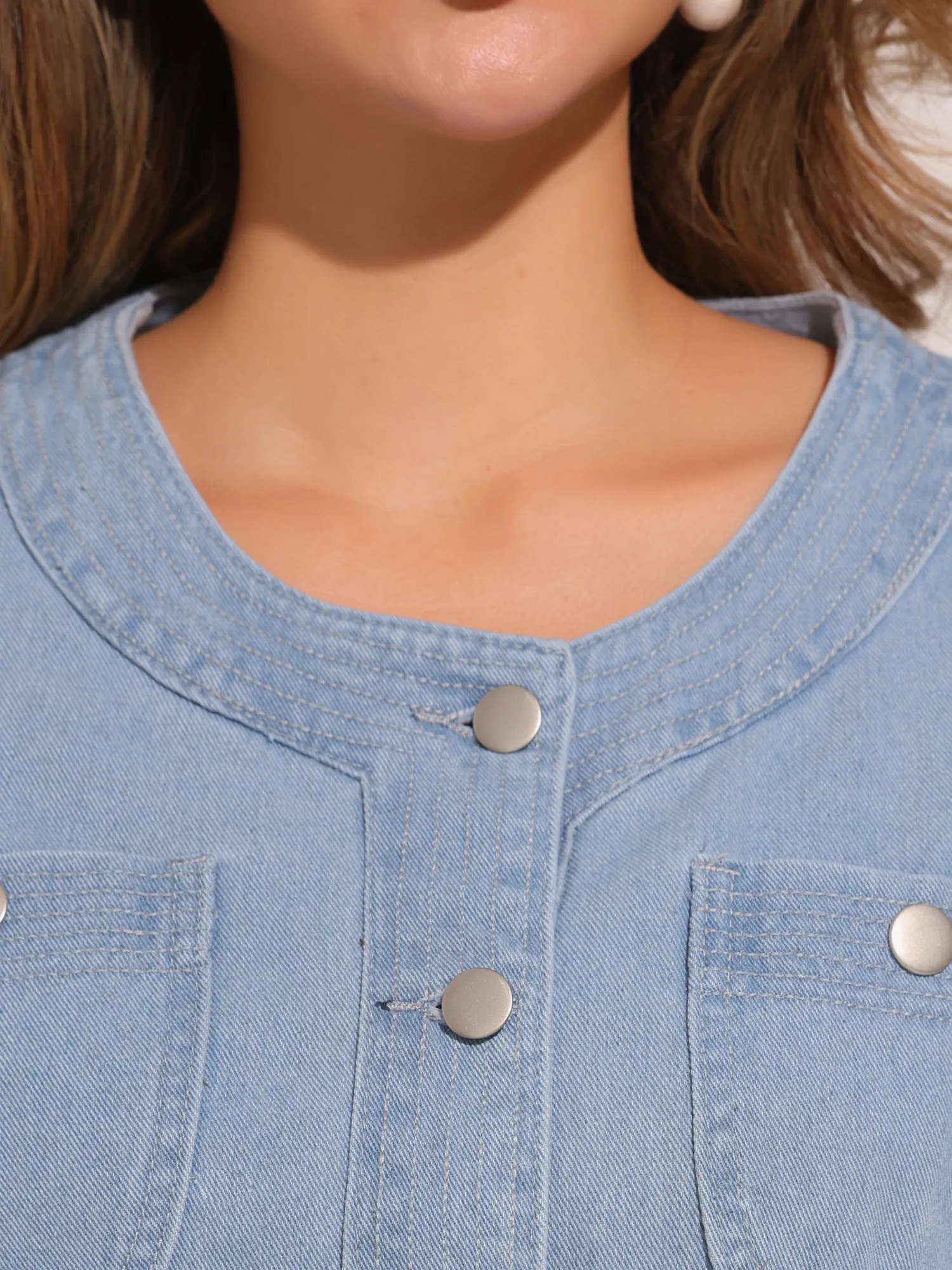 Denim 3/4 Sleeve Collarless Button Up Cropped Jean Jacket sold by Allegra K product image thumbnail 4