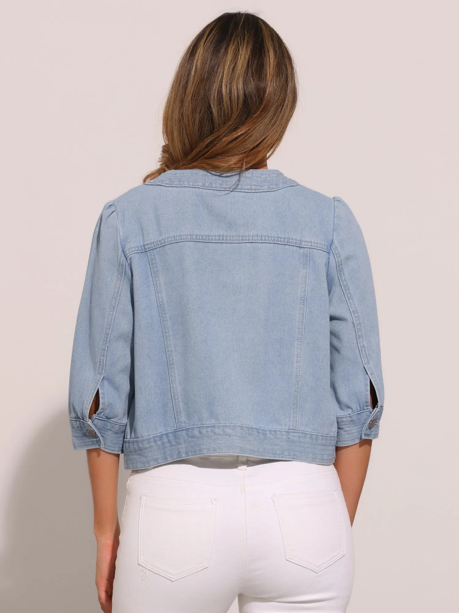 Denim 3/4 Sleeve Collarless Button Up Cropped Jean Jacket sold by Allegra K product image thumbnail 3