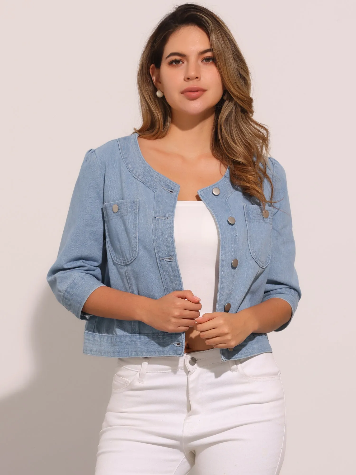 Denim 3/4 Sleeve Collarless Button Up Cropped Jean Jacket sold by Allegra K