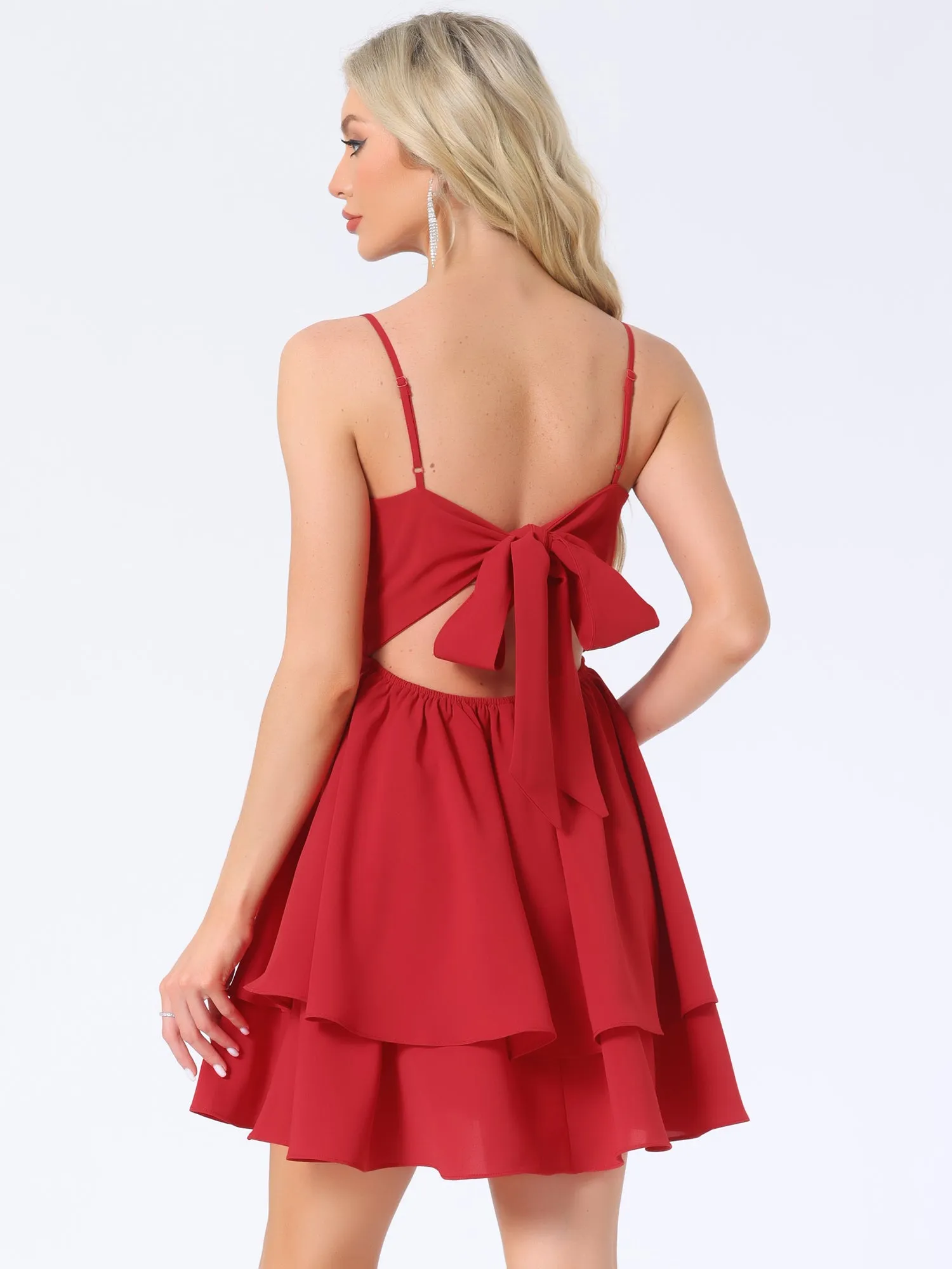 Spaghetti Straps Backless Bow Layer A-Line Mini Dress sold by Allegra K product image thumbnail 2