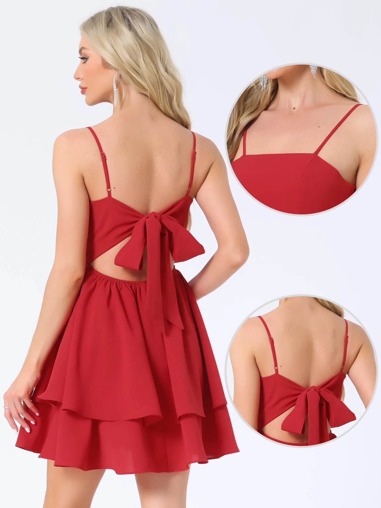 Spaghetti Straps Backless Bow Layer A-Line Mini Dress sold by Allegra K