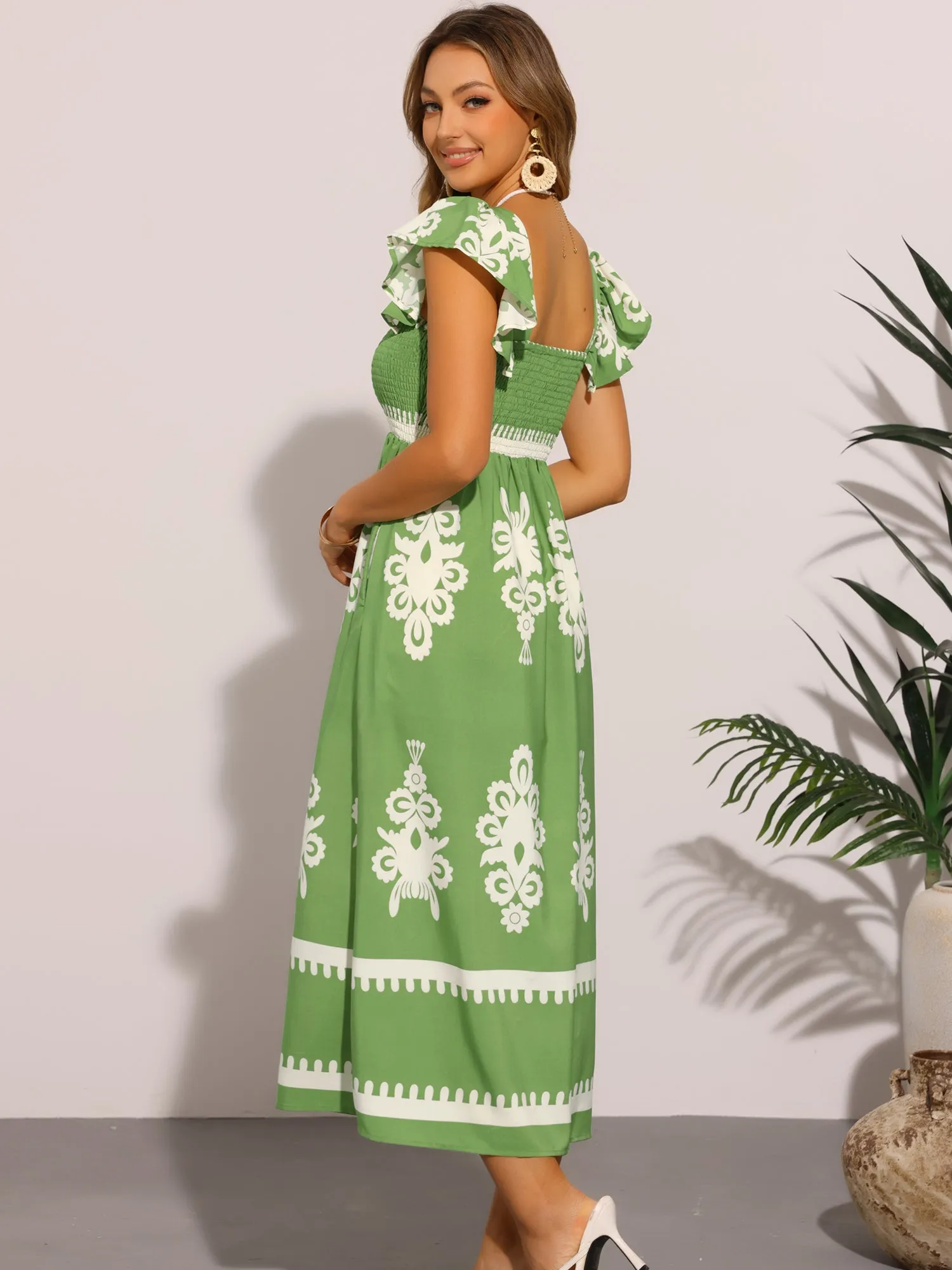 Square Neck Flutter Sleeve Smocked Pocketed Midi Dress sold by Allegra K product image thumbnail 3