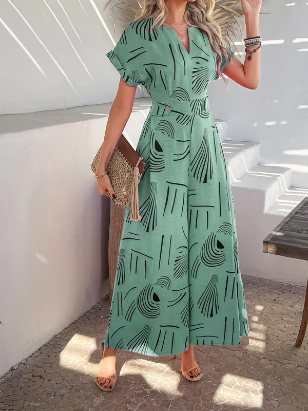 Graphic Notch Neck Pocketed Wide Leg Jumpsuits sold by Allegra K