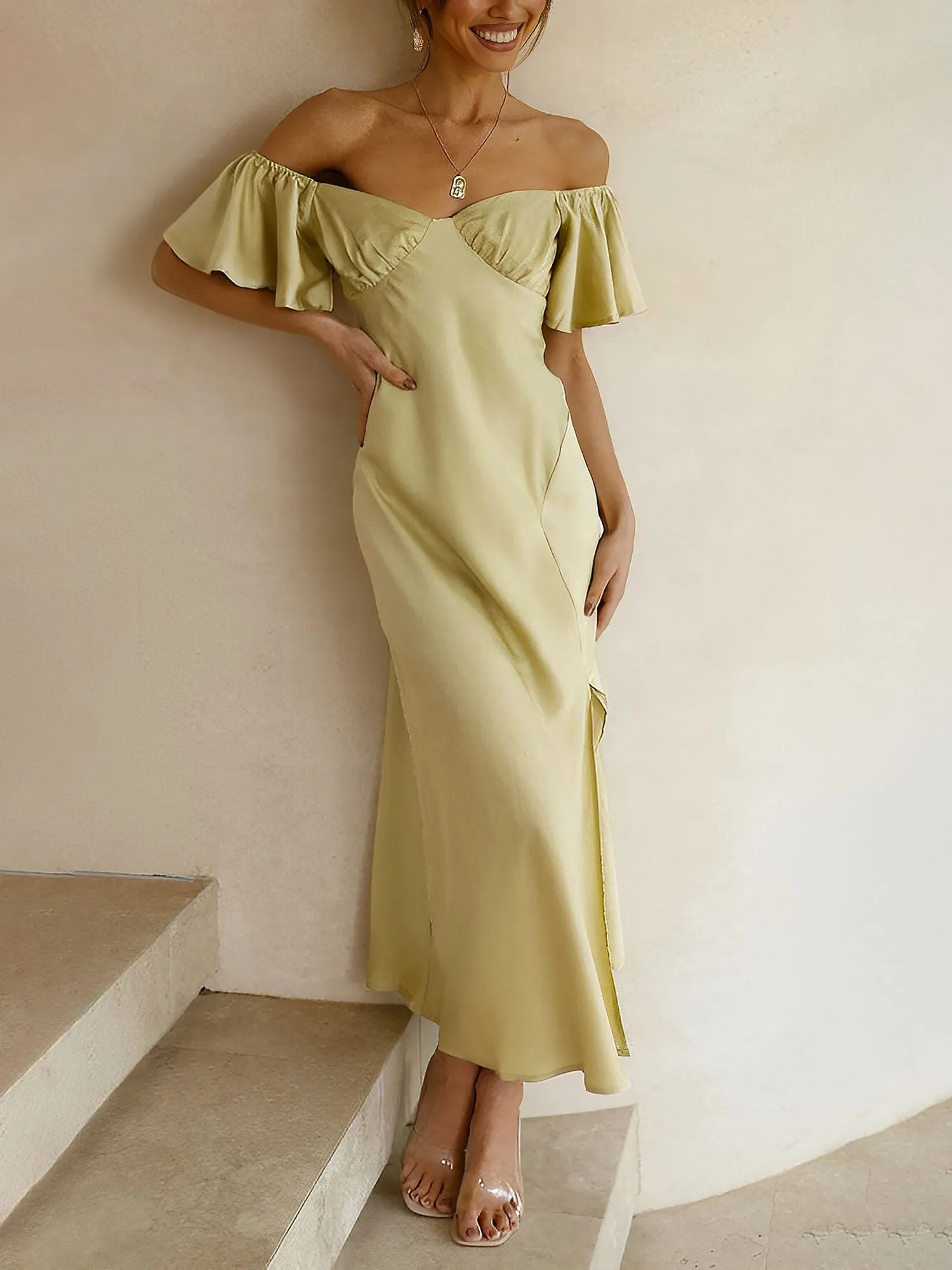 Ruffled Off Shoulder Slit Satin Midi Wedding Dress sold by Allegra K product image thumbnail 4