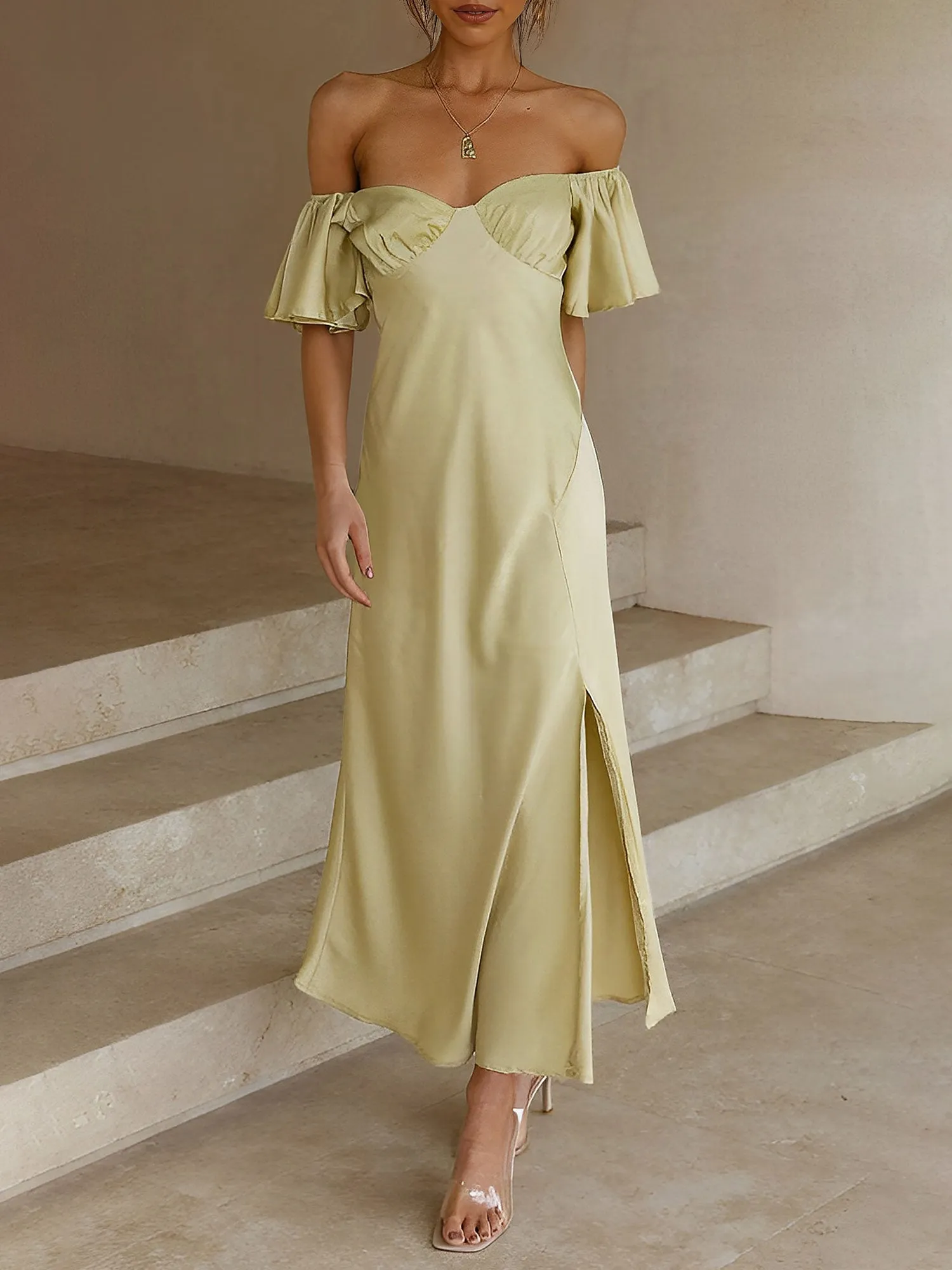 Ruffled Off Shoulder Slit Satin Midi Wedding Dress sold by Allegra K product image thumbnail 3