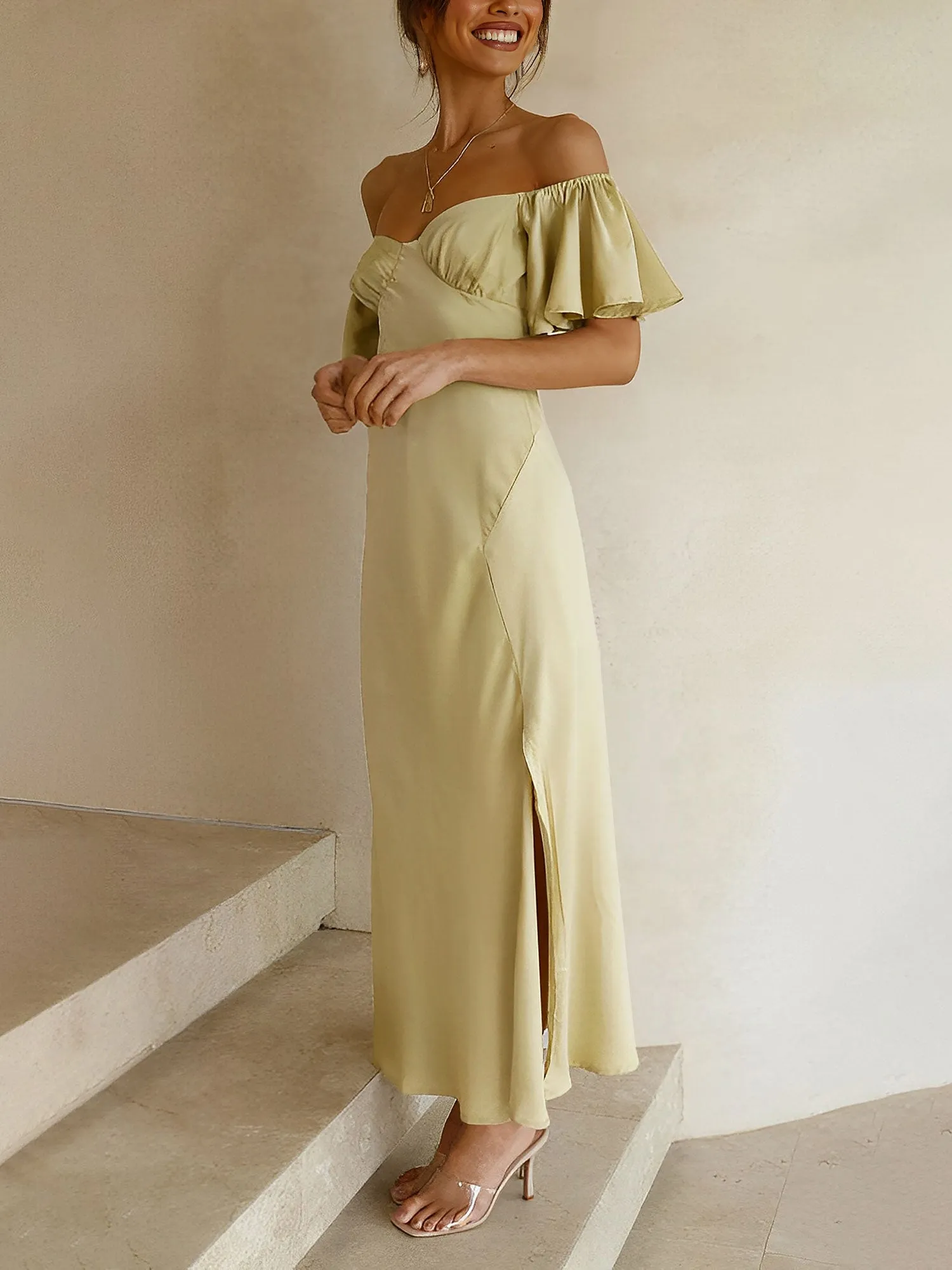 Ruffled Off Shoulder Slit Satin Midi Wedding Dress sold by Allegra K product image thumbnail 5