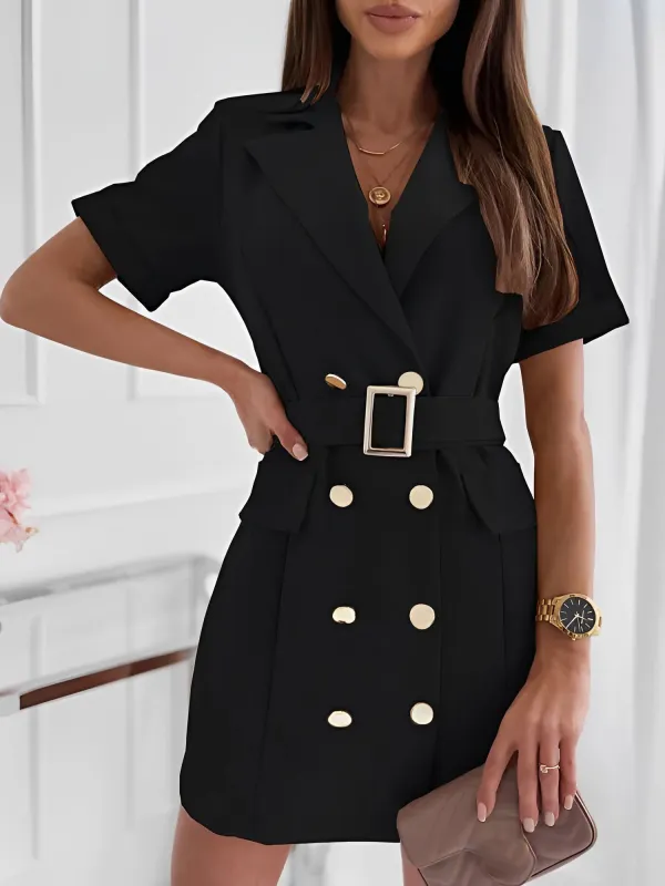 Tailored Fit & Waist Cinch Notched Lapel Double Breasted Belted Mini Office Chic Blazer Dress sold by Allegra K