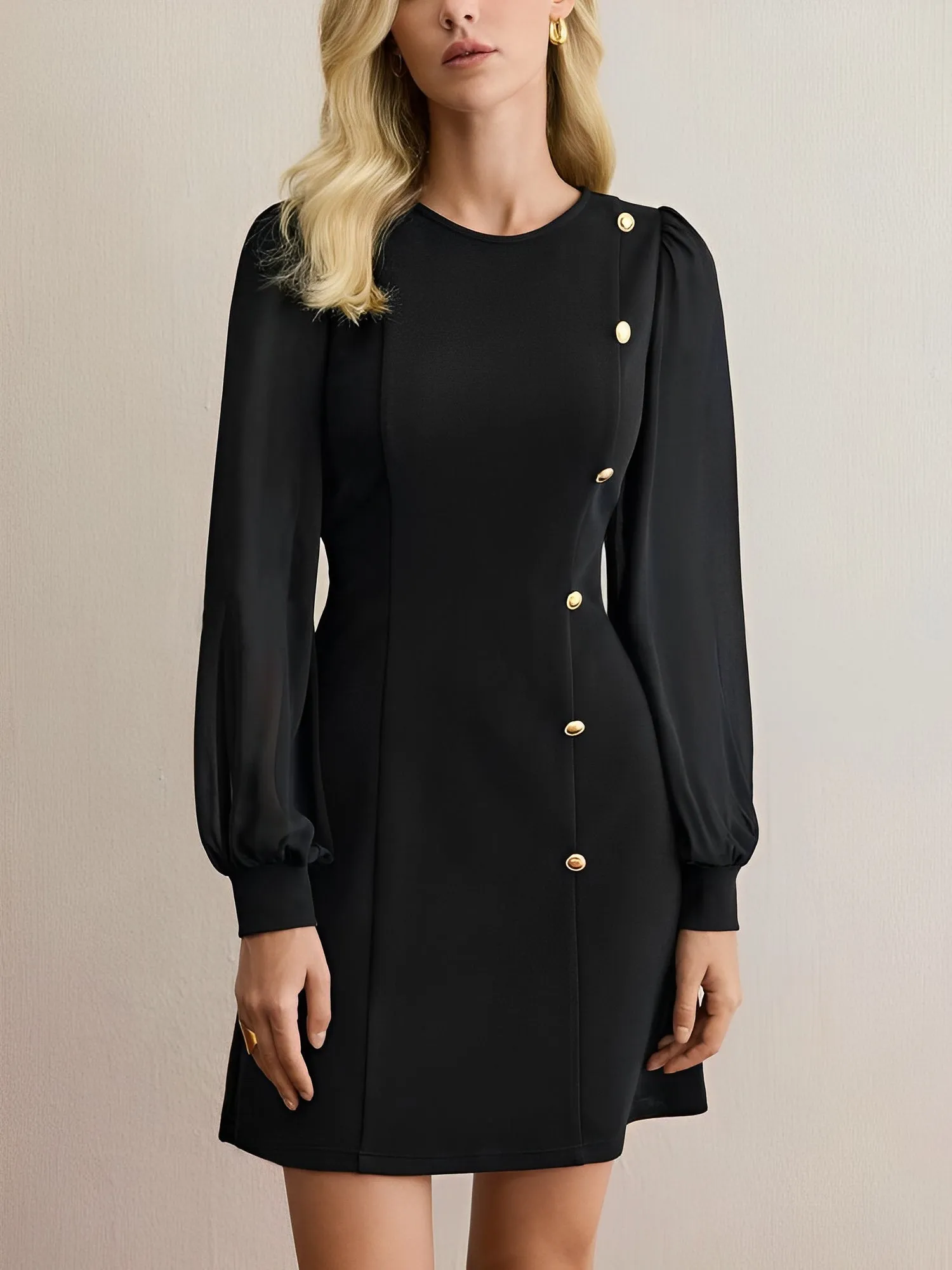 Classic Round Neck with Timeless Button Front Long Sleeve A-Line Casual Dress sold by Allegra K product image thumbnail 5