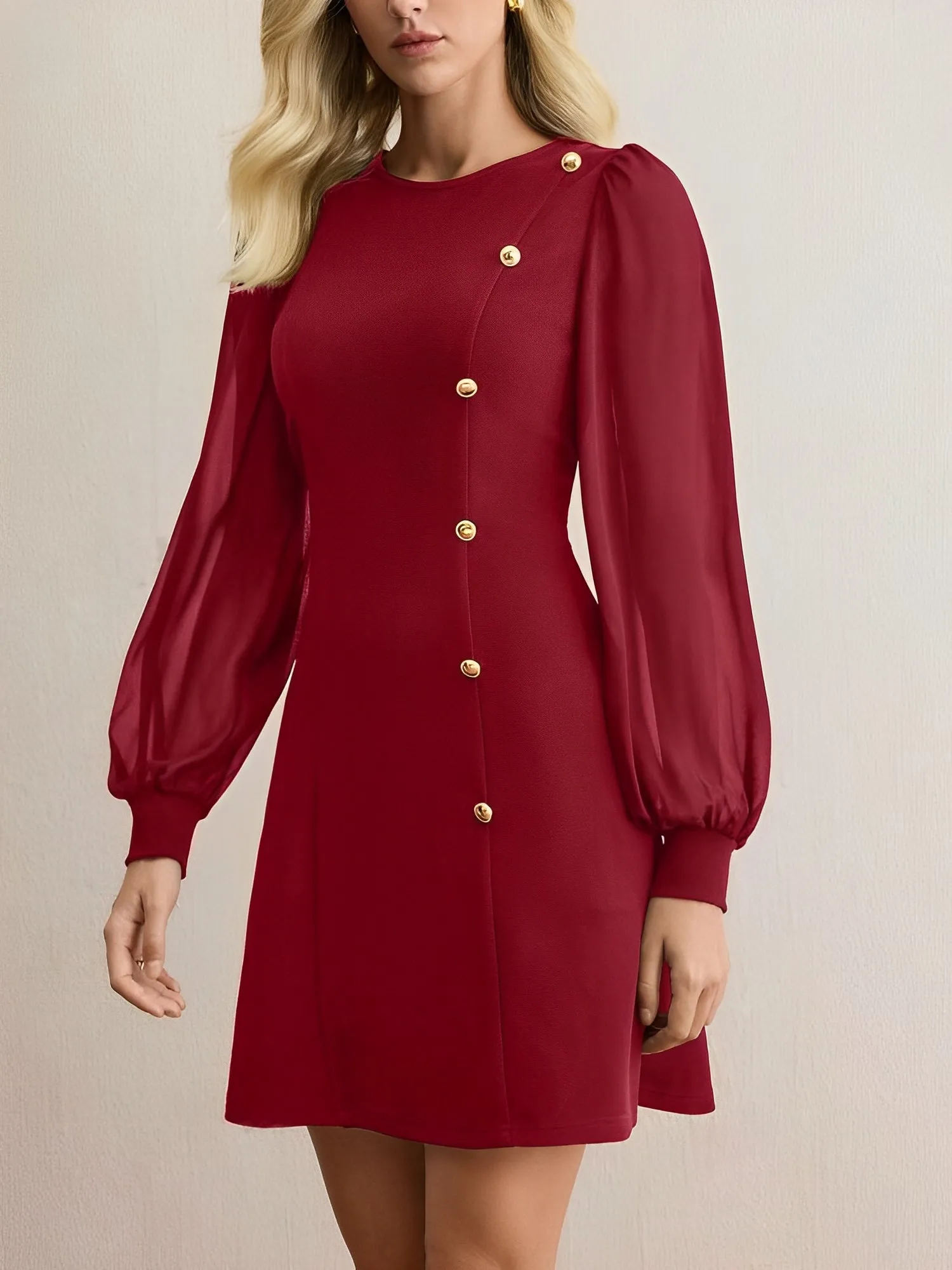 Classic Round Neck with Timeless Button Front Long Sleeve A-Line Casual Dress sold by Allegra K product image thumbnail 2