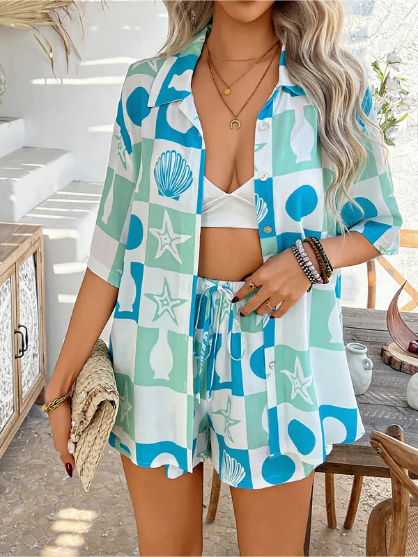 2 Pieces Graphic Printed Short Sleeves Shirt & Shorts Beach Set sold by Allegra K