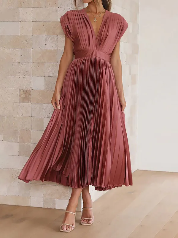 Elegant Deep V Neck Cap Sleeves Luxe Satin Pleated Midi Office Dress sold by Allegra K