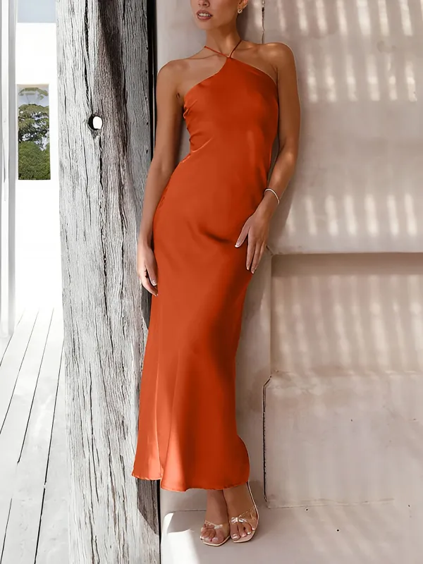 Satin Halter Sleeveless Backless Wedding Maxi Dress sold by Allegra K