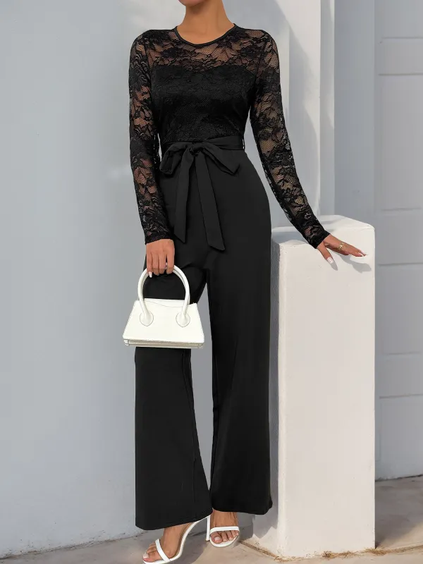 Elegant Vintage-Inspired One-Piece Lace Patchwork Solid Color Tie Waist Jumpsuits sold by Allegra K