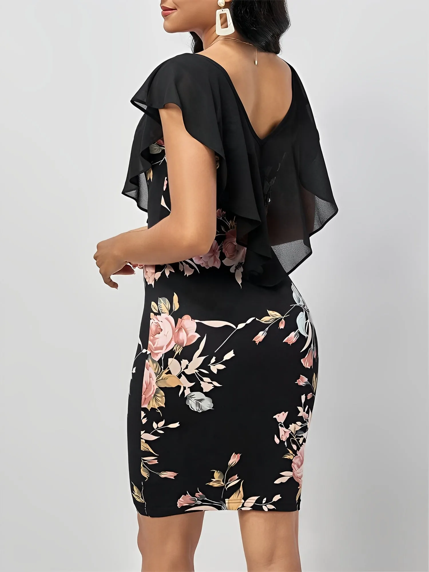 Ruffled Mesh Short Sleeves Floral Bodycon Midi Dress sold by Allegra K product image thumbnail 5