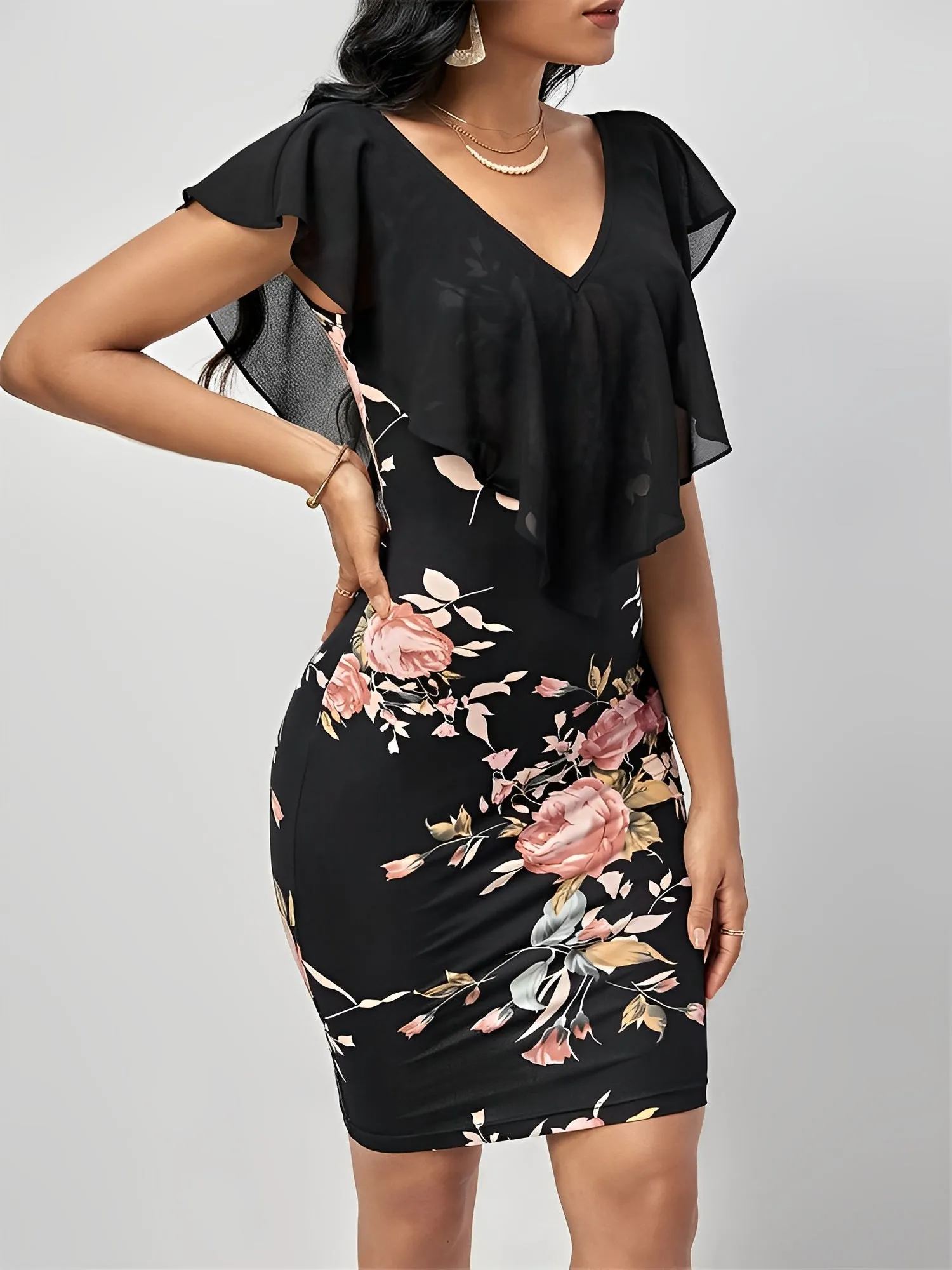 Ruffled Mesh Short Sleeves Floral Bodycon Midi Dress sold by Allegra K product image thumbnail 3
