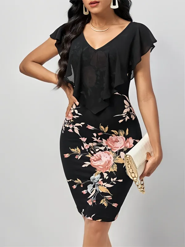 Ruffled Mesh Short Sleeves Floral Bodycon Midi Dress sold by Allegra K