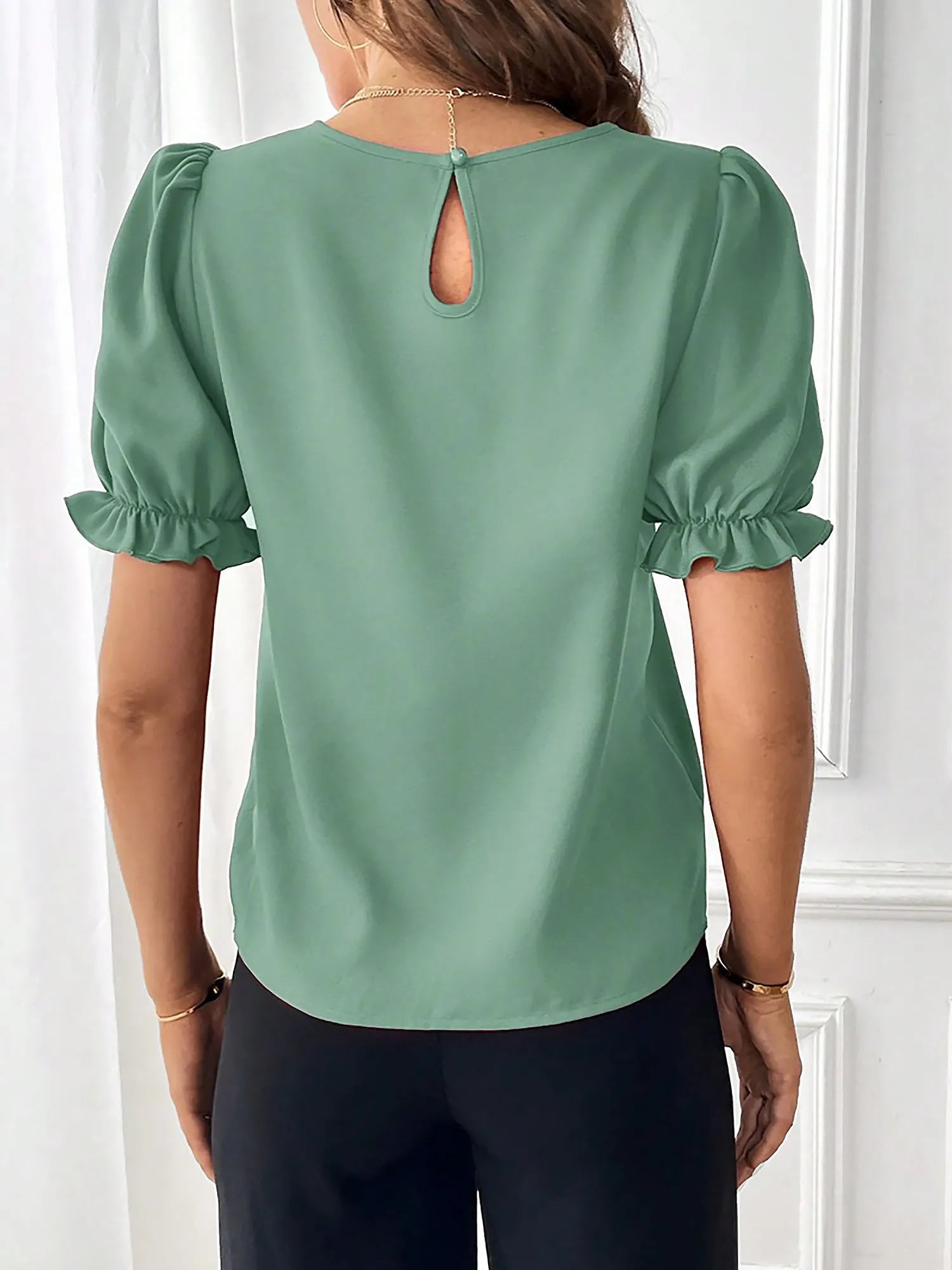 Adjustable Elastic Cuff Solid Color Round Neck Puff Sleeves Blouse sold by Allegra K product image thumbnail 3