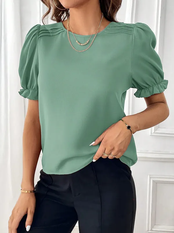 Adjustable Elastic Cuff Solid Color Round Neck Puff Sleeves Blouse sold by Allegra K