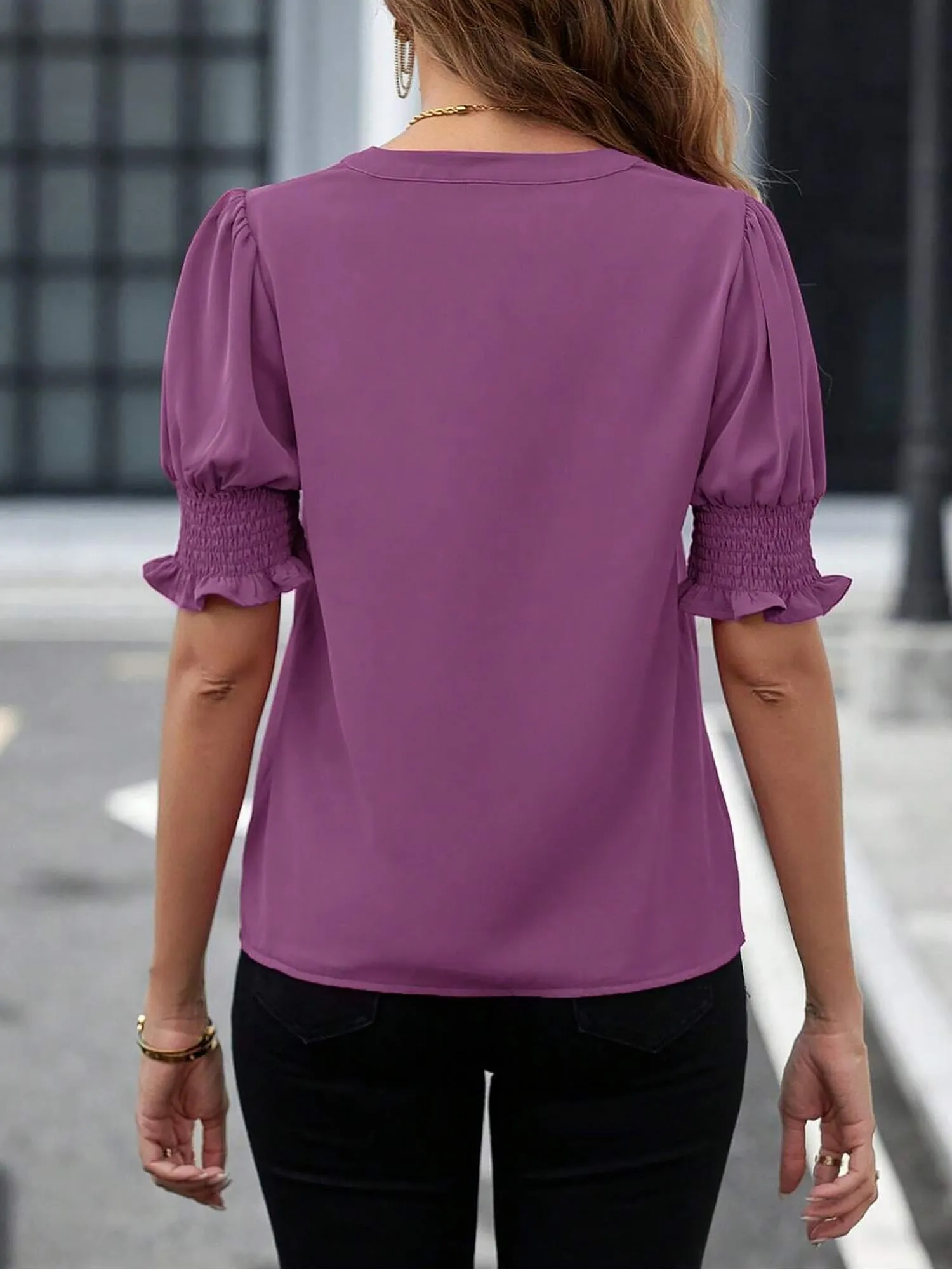 Flattering Smocked Puff Sleeve Solid Color Casual Blouse for Office and Weekend Wear sold by Allegra K product image thumbnail 4