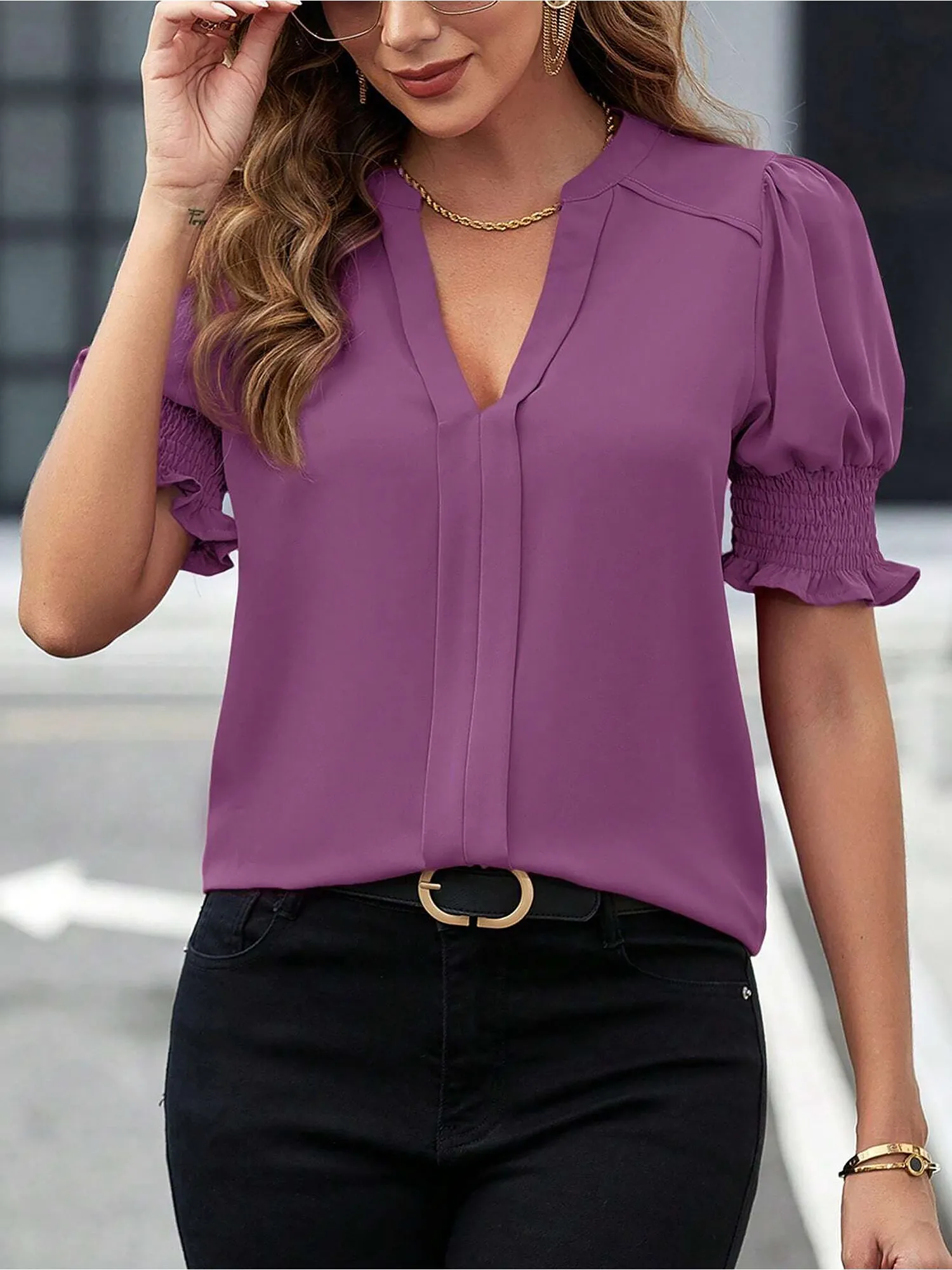 Flattering Smocked Puff Sleeve Solid Color Casual Blouse for Office and Weekend Wear sold by Allegra K product image thumbnail 5