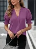 Flattering Smocked Puff Sleeve Solid Color Casual Blouse for Office and Weekend Wear sold by Allegra K