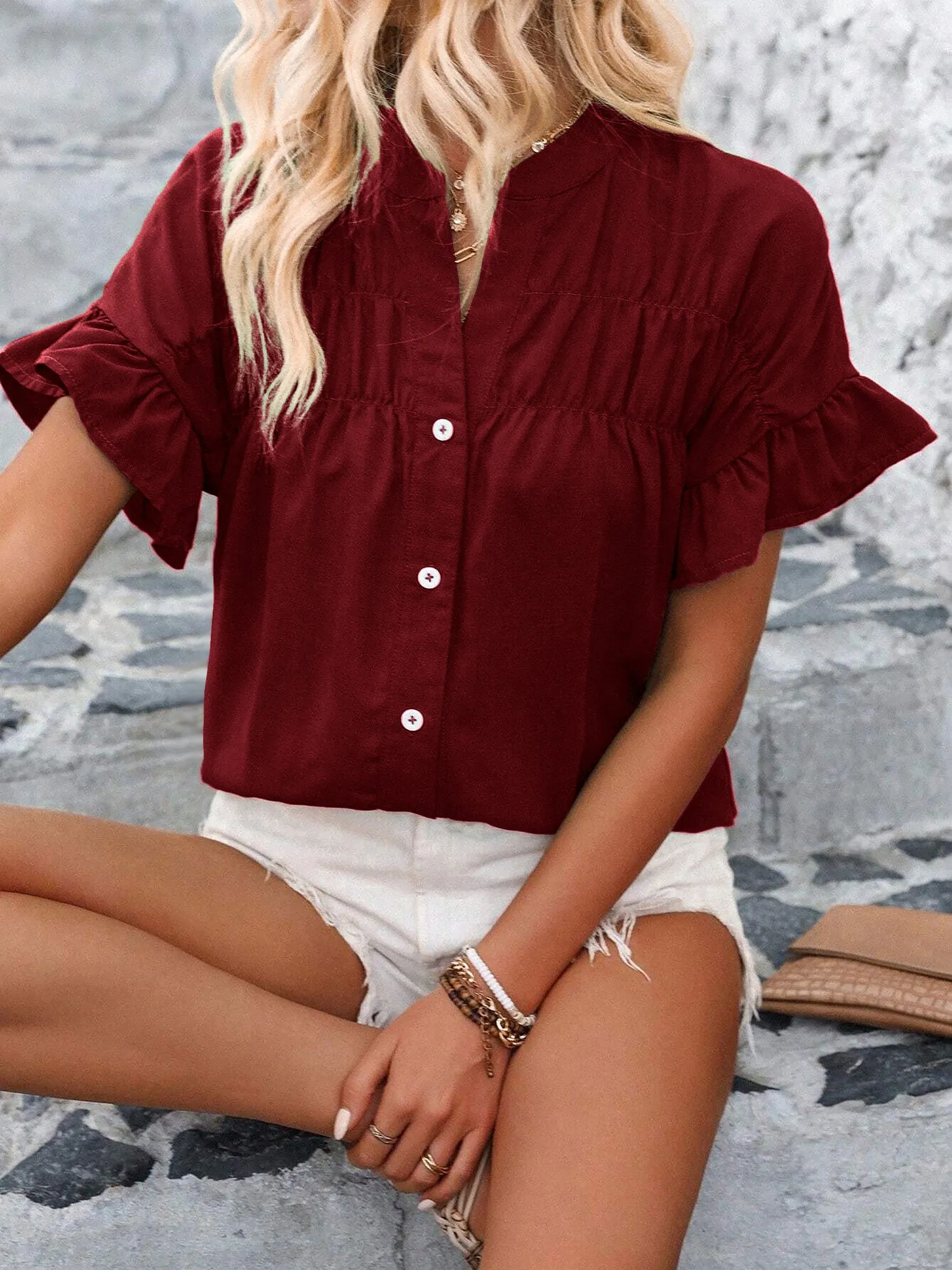 Ruffled Short Sleeve Button Solid Color Casual Blouse sold by Allegra K product image thumbnail 4