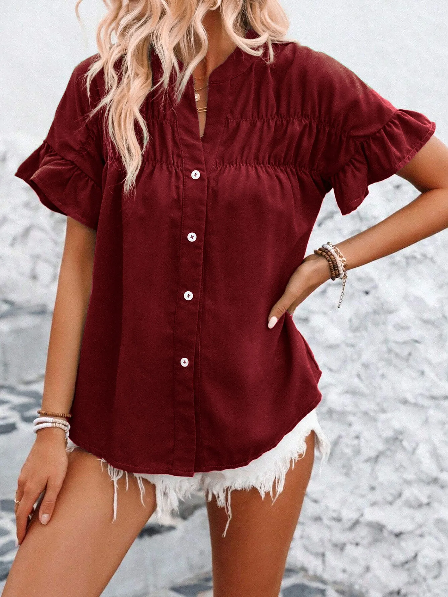 Ruffled Short Sleeve Button Solid Color Casual Blouse sold by Allegra K
