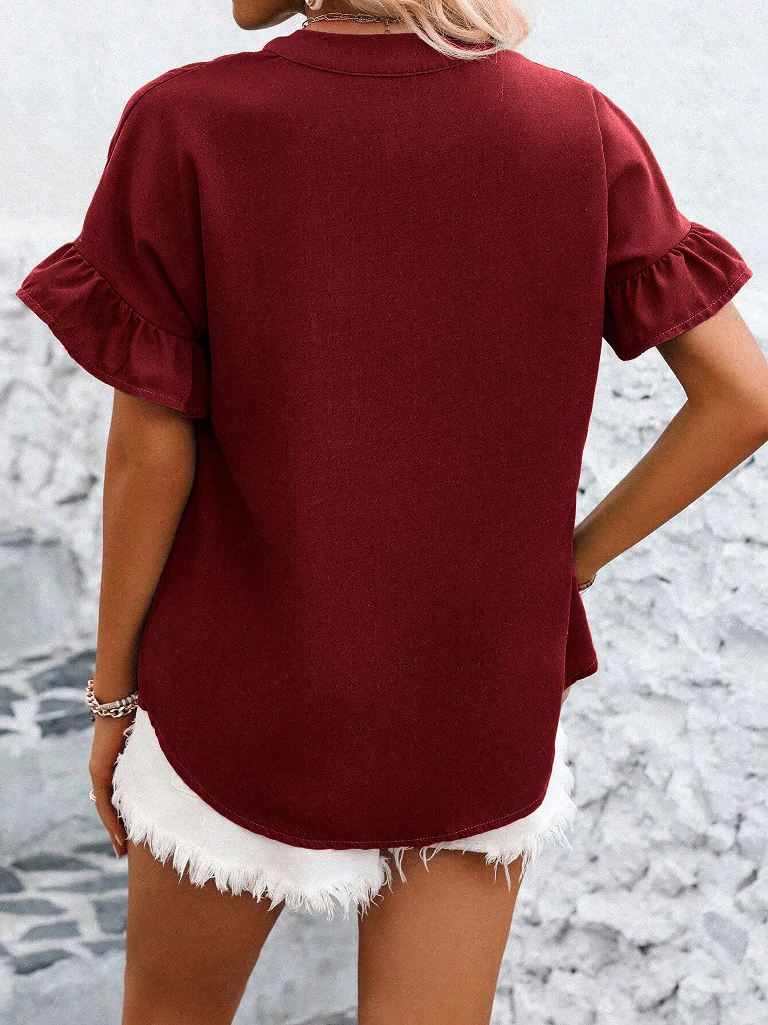 Ruffled Short Sleeve Button Solid Color Casual Blouse sold by Allegra K product image thumbnail 5