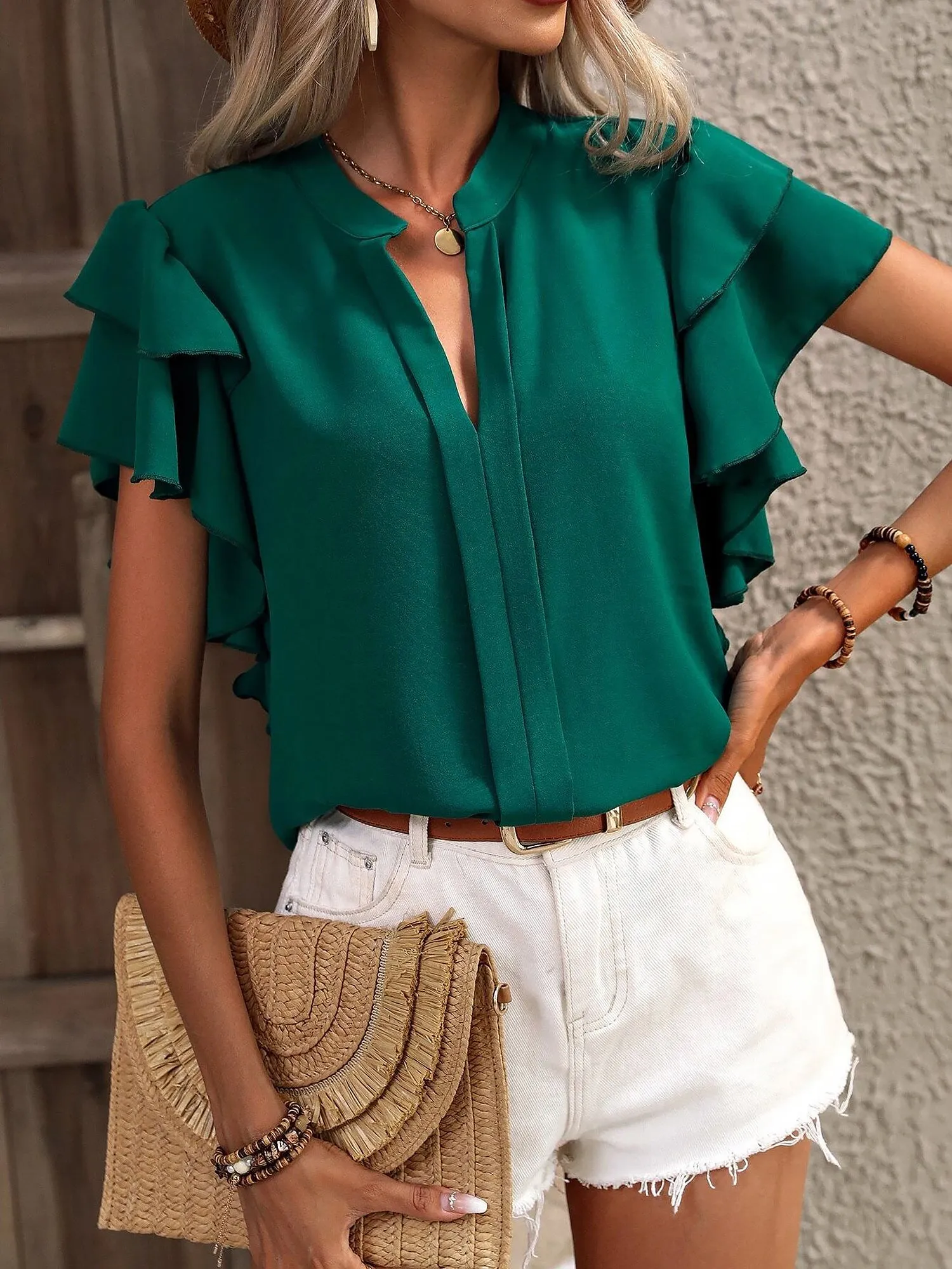 Chic Notch Neck Flutter Ruffles Short Sleeves Casual Office Blouse sold by Allegra K product image thumbnail 5