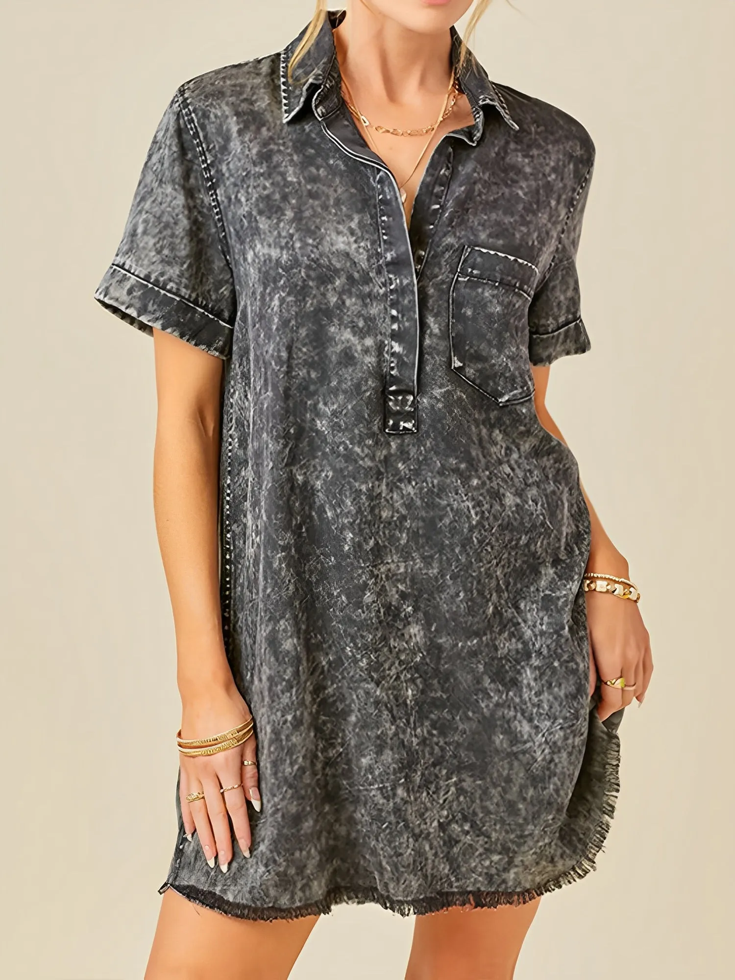 Denim Washed Collared Short Sleeve Mini Dress sold by Allegra K