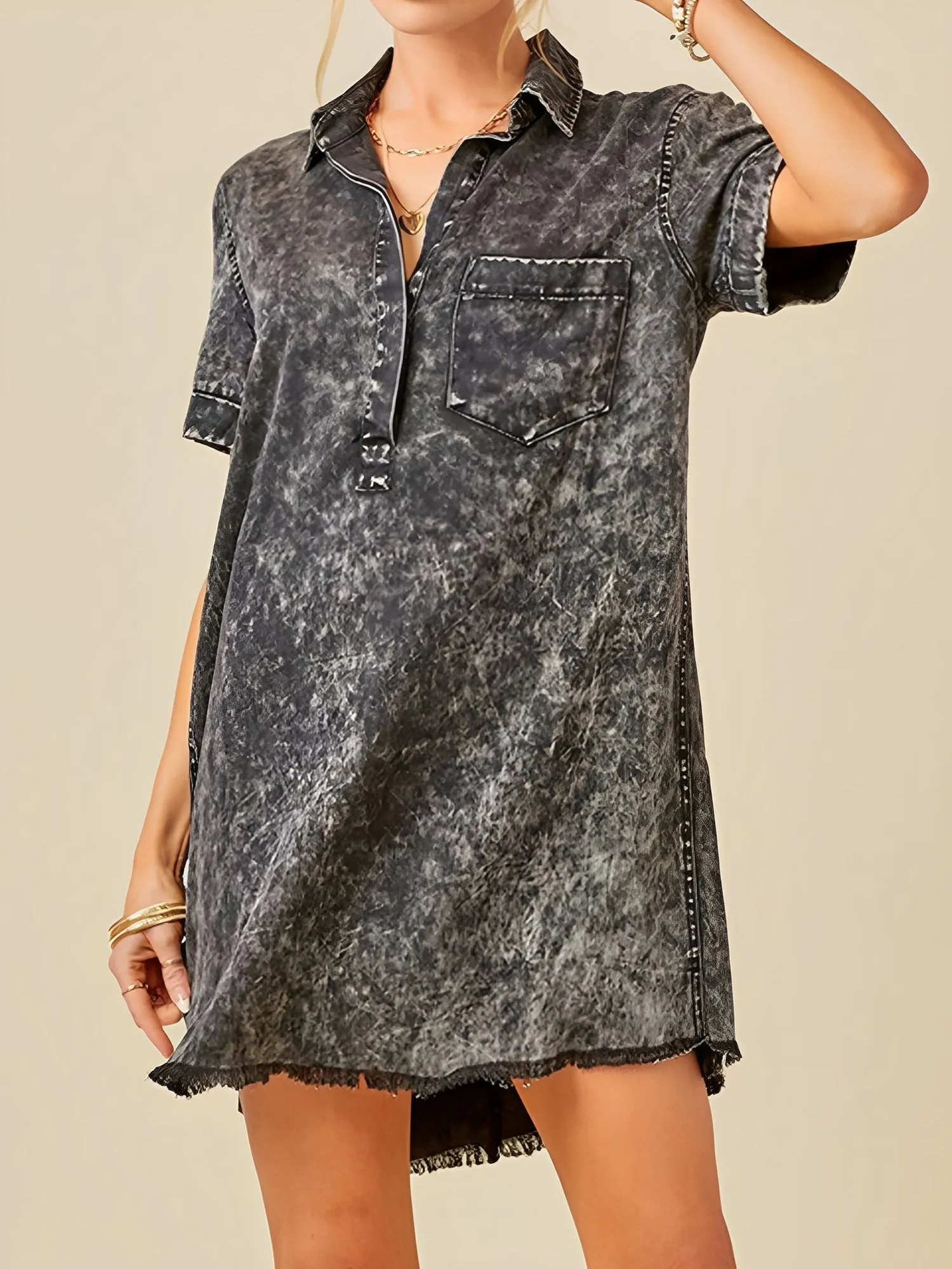 Denim Washed Collared Short Sleeve Mini Dress sold by Allegra K product image thumbnail 4
