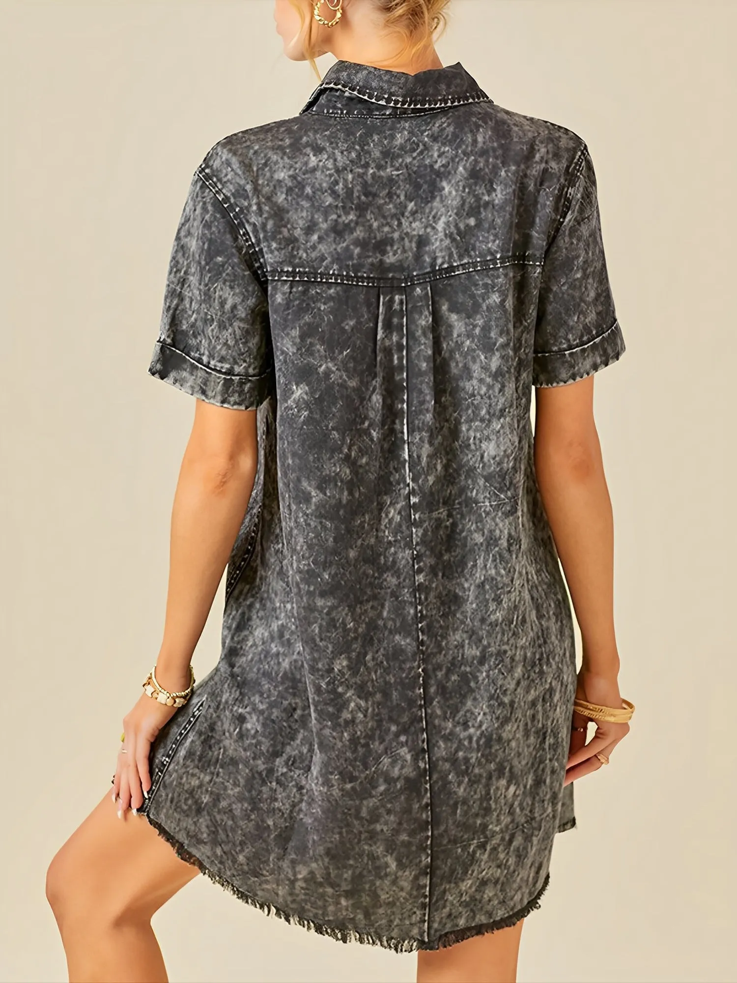 Denim Washed Collared Short Sleeve Mini Dress sold by Allegra K product image thumbnail 2