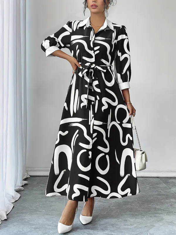 Graphic 3/4 Sleeves Tie Waist Maxi A-Line Dress sold by Allegra K