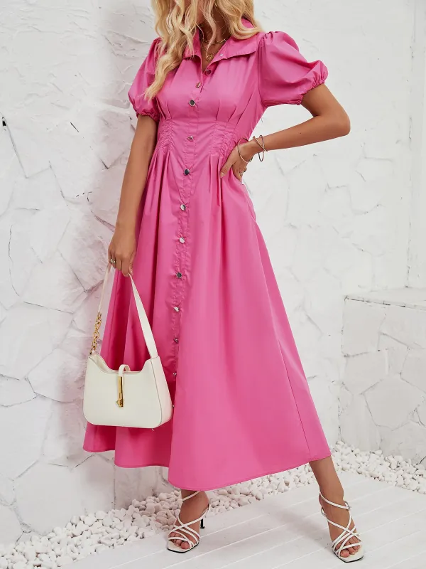 Puff Sleeve Button Down Solid Color Shirt Dress sold by Allegra K