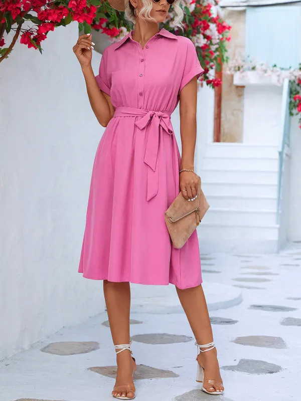 Tailored Collar & Adjustable Waist Solid Color Short Sleeves Lace-Up Midi Shirt Office Dress sold by Allegra K