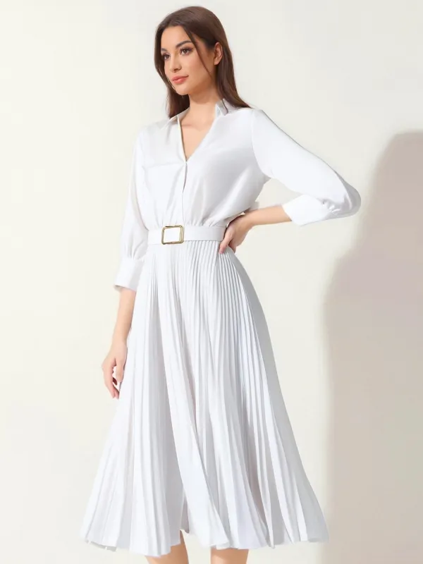 Elegant Solid Color Shirt Tailored Collar Pleated Belted Midi Dress sold by Allegra K