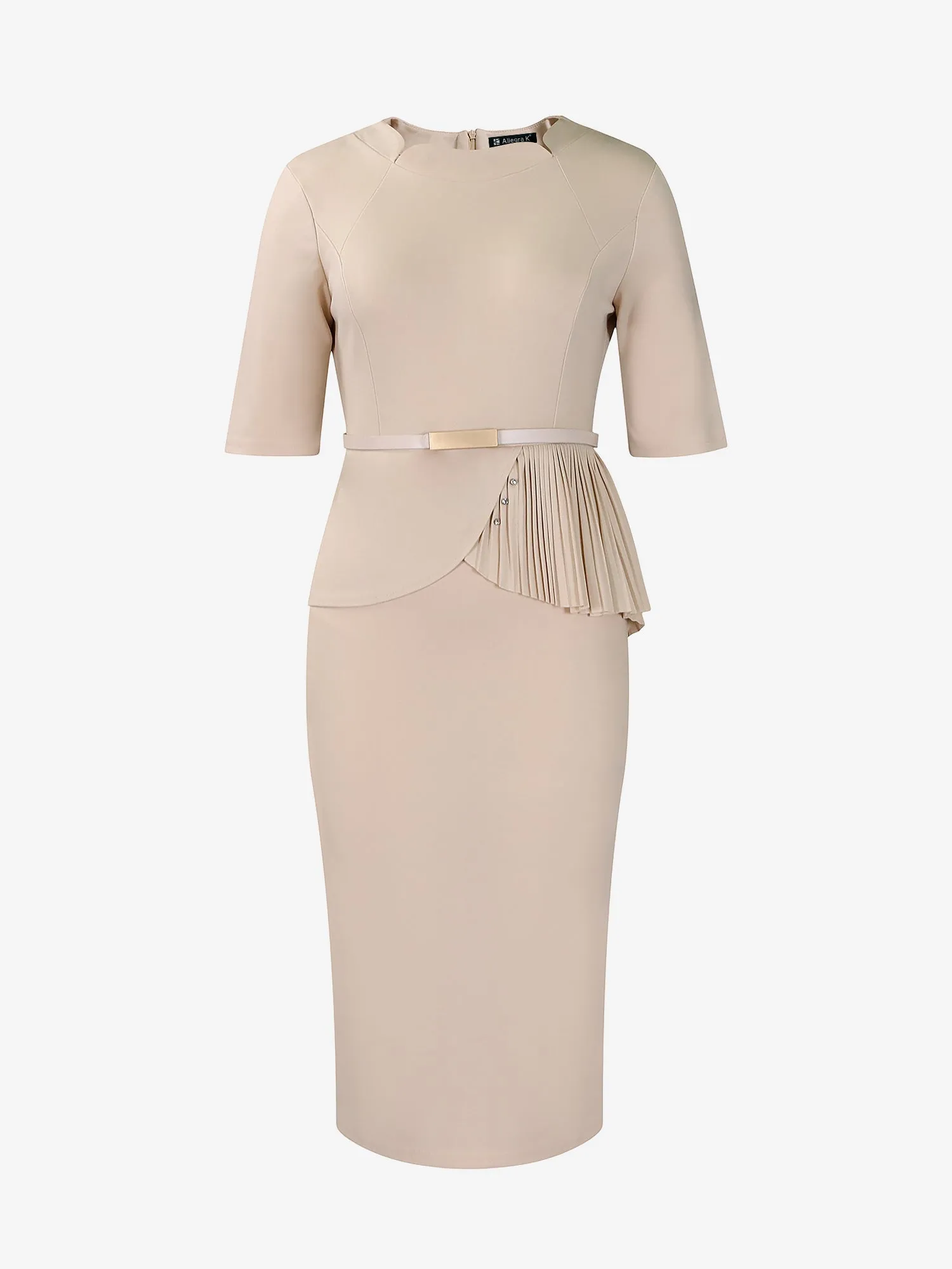 Classic Slim Fit Solid Color Short Sleeves Belted Midi Sheath Work Dress sold by Allegra K product image thumbnail 2