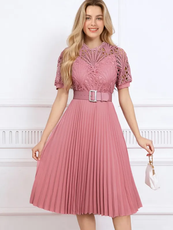 Elegant Vintage-Inspired Lace Patchwork Belted Pleated Midi Dress sold by Allegra K