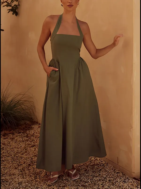 Halter Neck Backless Pocketed A-Line Midi Dress sold by Allegra K