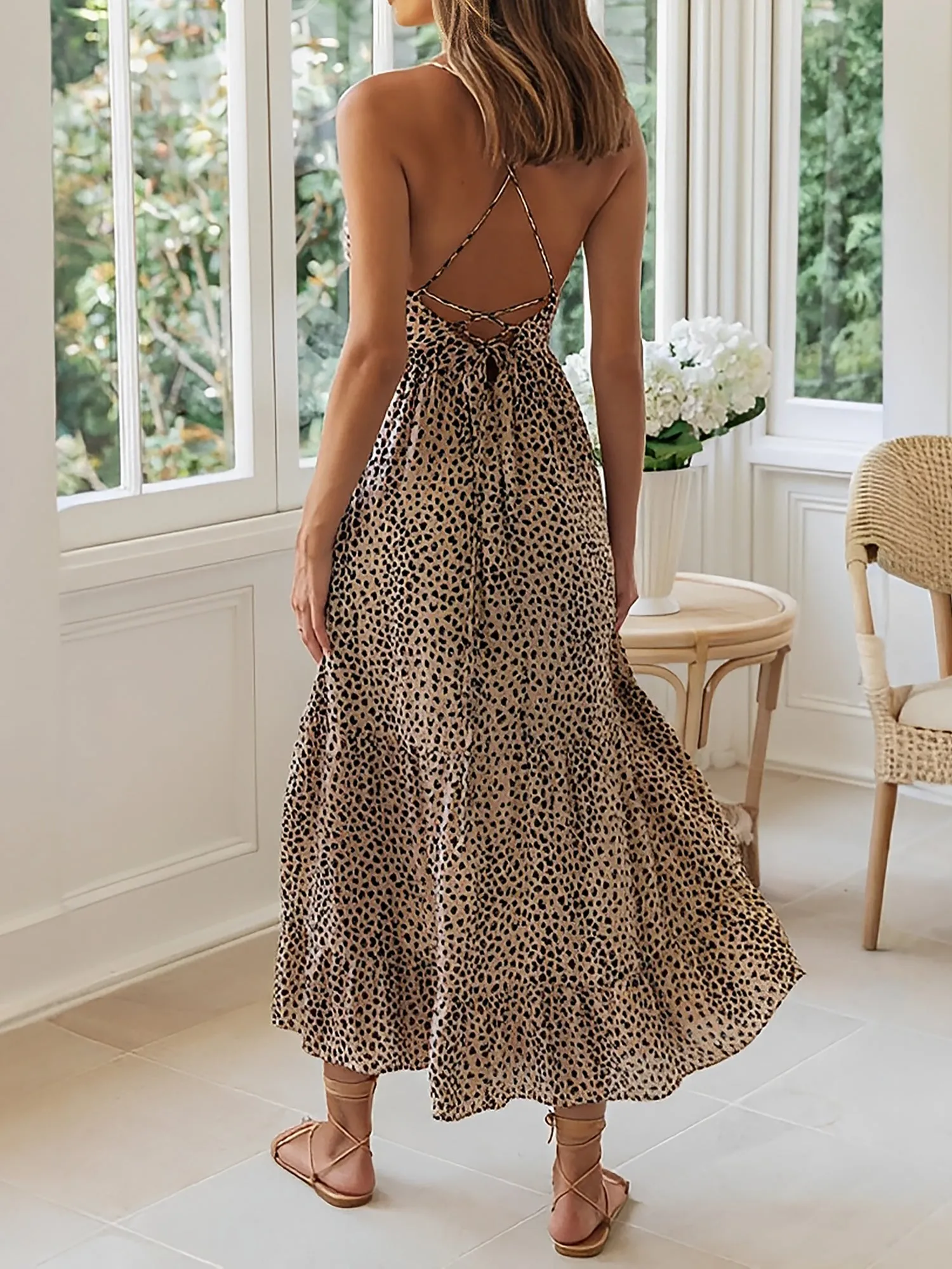 Spaghetti Strap Printed Backless Tiered Midi Dress sold by Allegra K product image thumbnail 2