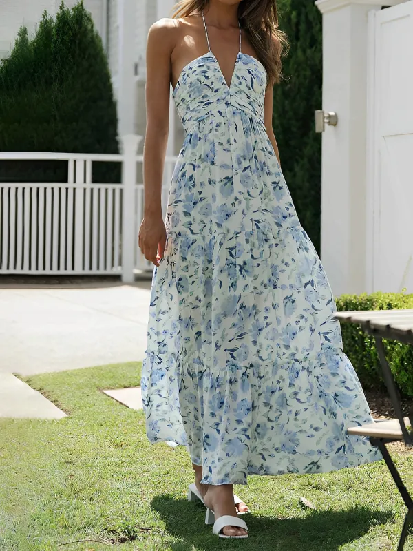 Halter Neck Backless Ruched Tiered Maxi Dress sold by Allegra K