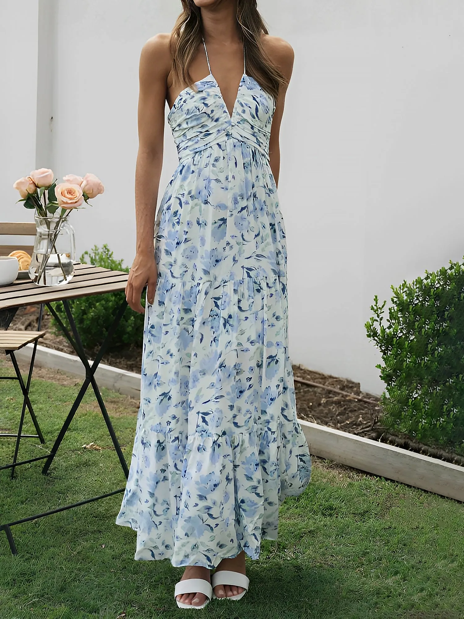 Halter Neck Backless Ruched Tiered Maxi Dress sold by Allegra K product image thumbnail 5