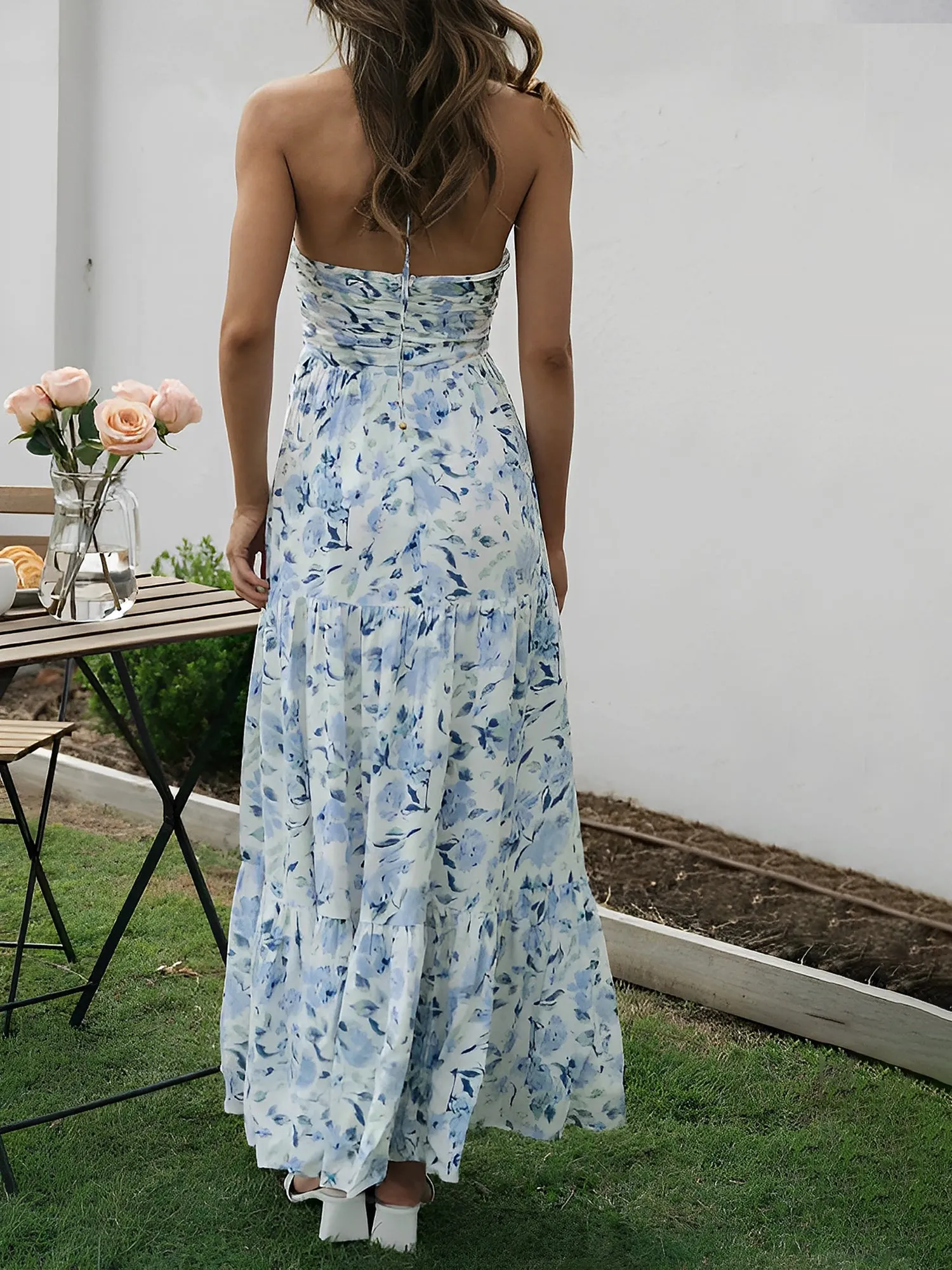 Halter Neck Backless Ruched Tiered Maxi Dress sold by Allegra K product image thumbnail 4