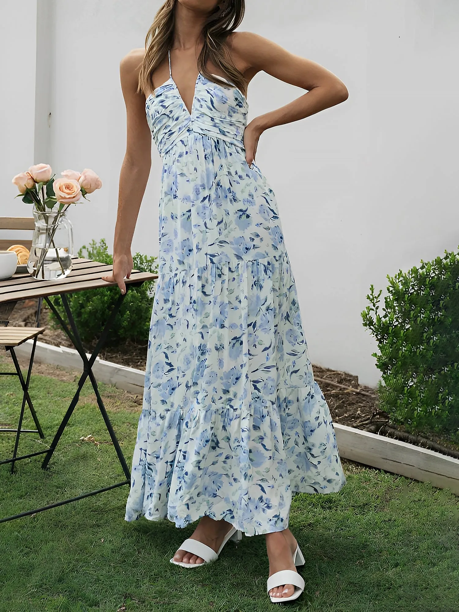 Halter Neck Backless Ruched Tiered Maxi Dress sold by Allegra K product image thumbnail 3