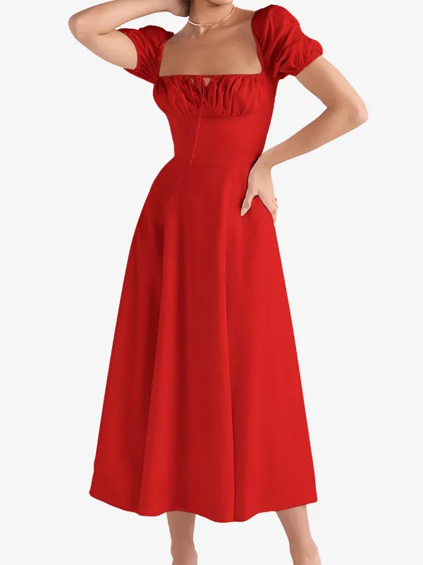 Flattering A-Line Silhouette with Asymmetrical Ruches Puff Sleeve Solid Color Ruched Midi A-Line Date Nights & Garden Parties Dress sold by Allegra K