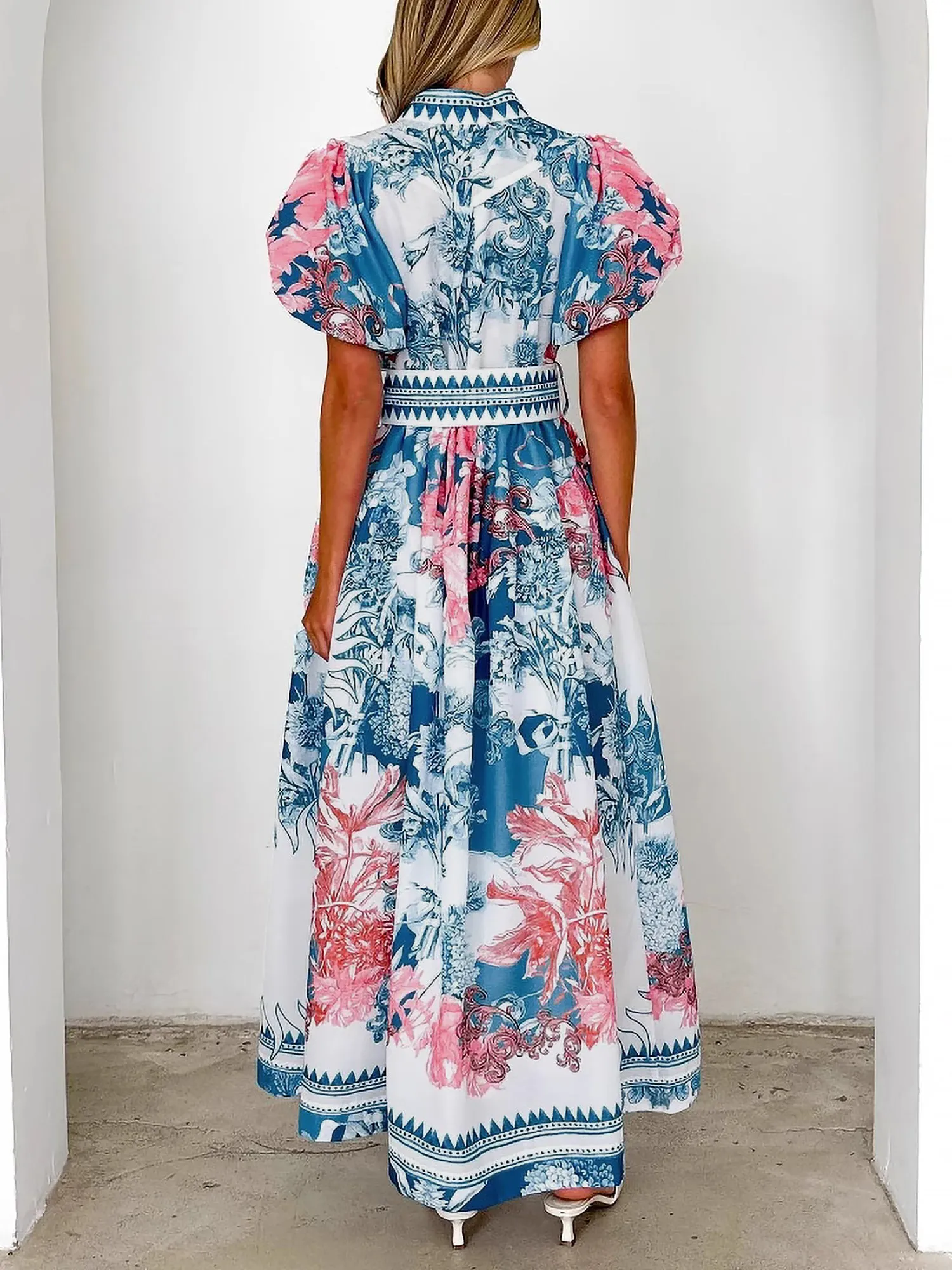 Floral Puff Sleeves Button Down Belted Maxi Dress sold by Allegra K product image thumbnail 3