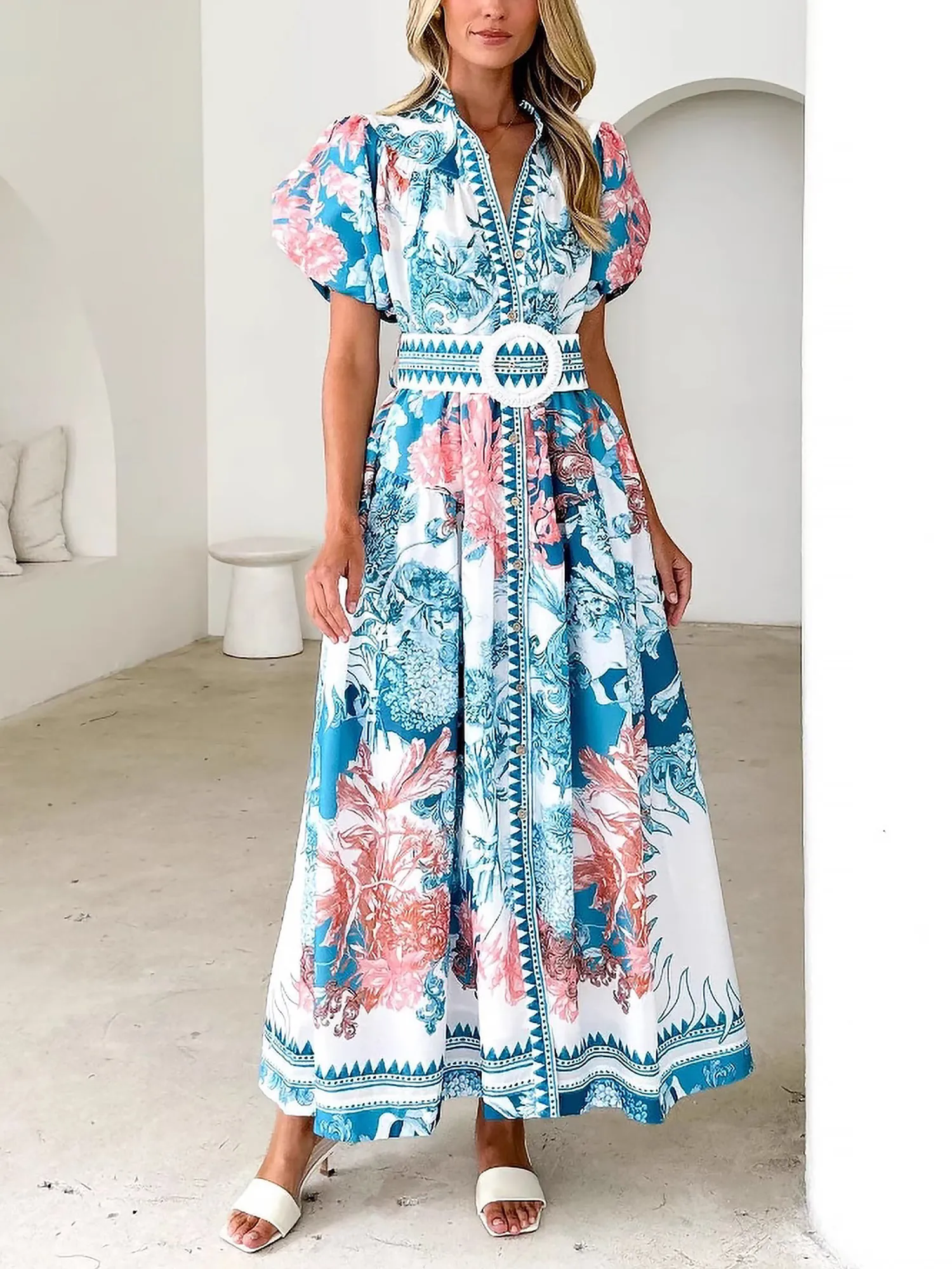 Floral Puff Sleeves Button Down Belted Maxi Dress sold by Allegra K product image thumbnail 2