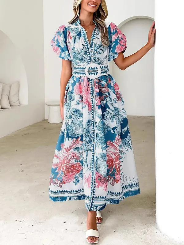 Floral Puff Sleeves Button Down Belted Maxi Dress sold by Allegra K